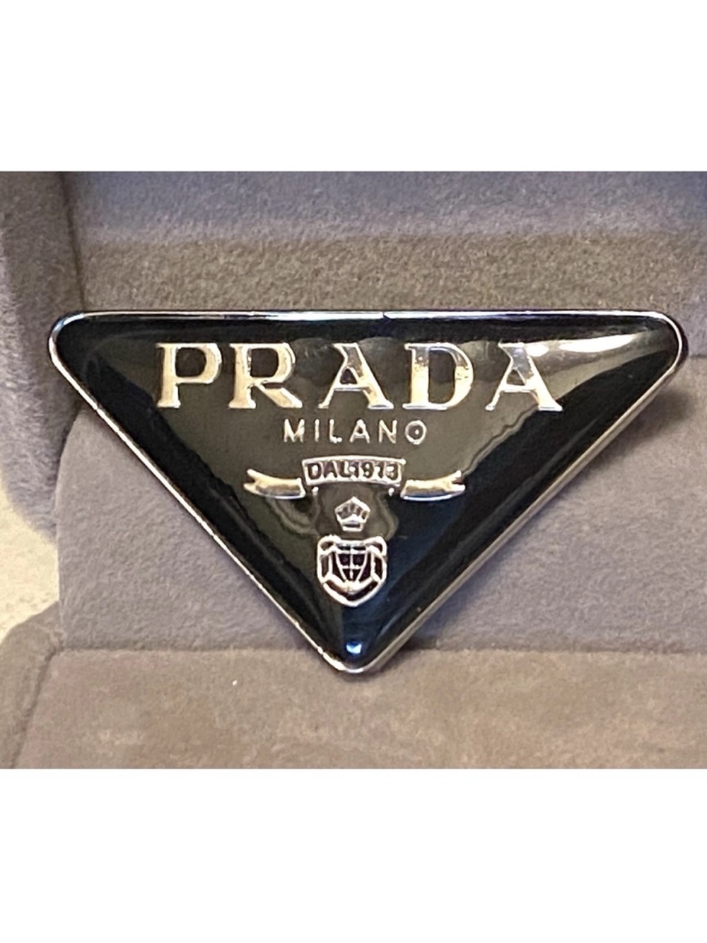 Prada Black Enamel Triangle Logo Pin Brooch with Silver Accents Unisex
